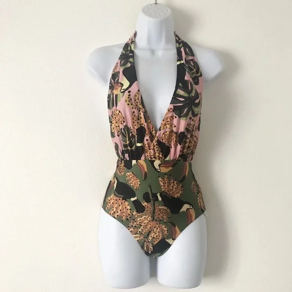 FARM RIO One Piece Swimsuit Toucananas Plunge Halter Bathing Suit Tropical NWT - Picture 6 of 9